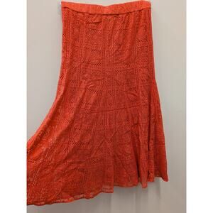 Women’s Orange Coral Crochet Lace Midi Skirt Size M Boho Floral Flowy